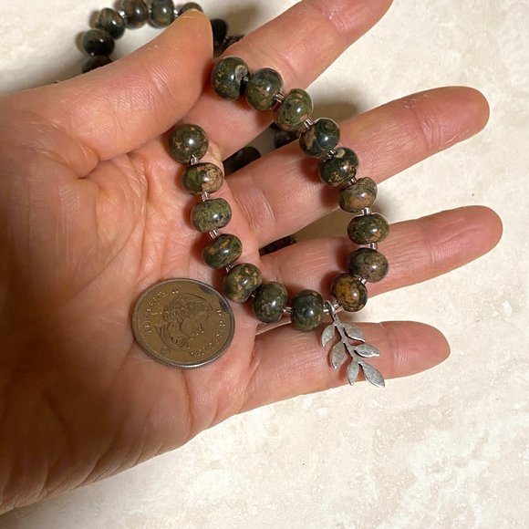 Cute Unakite Stone Silver Leaf Branch Necklace, Genuine Gemstone Beaded Necklace - Picture 9 of 9